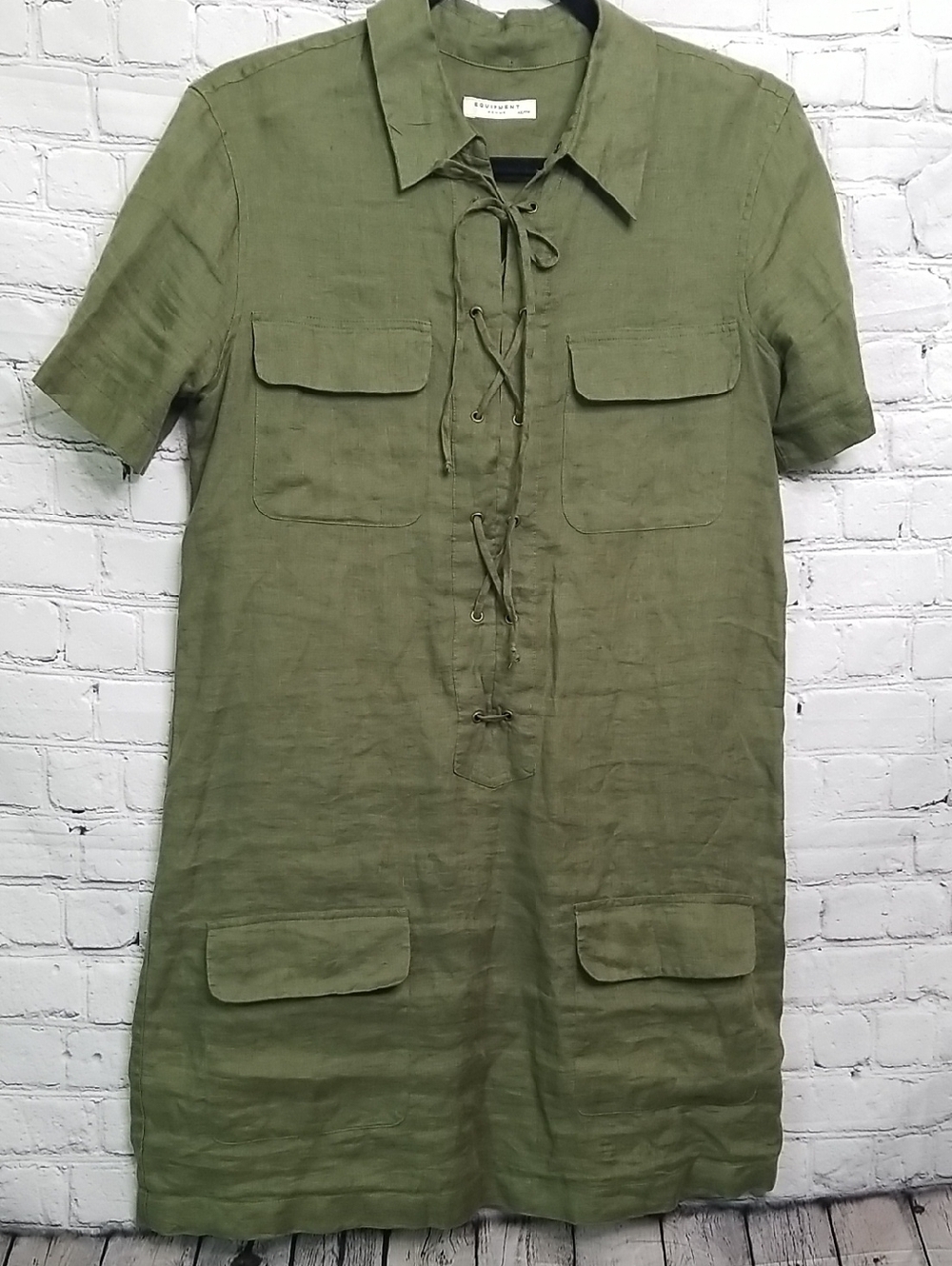 Equipment Femme Shirt Dress Army Green Lace Up Front XSmall